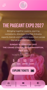 The Pageant Expo 2027 homepage on mobile, with a ticket countdown and Explore Tickets button