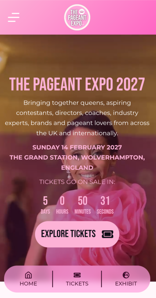 The Pageant Expo 2027 homepage on mobile, with a ticket countdown