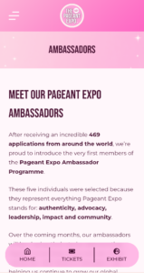 The Pageant Expo Ambassadors page on mobile