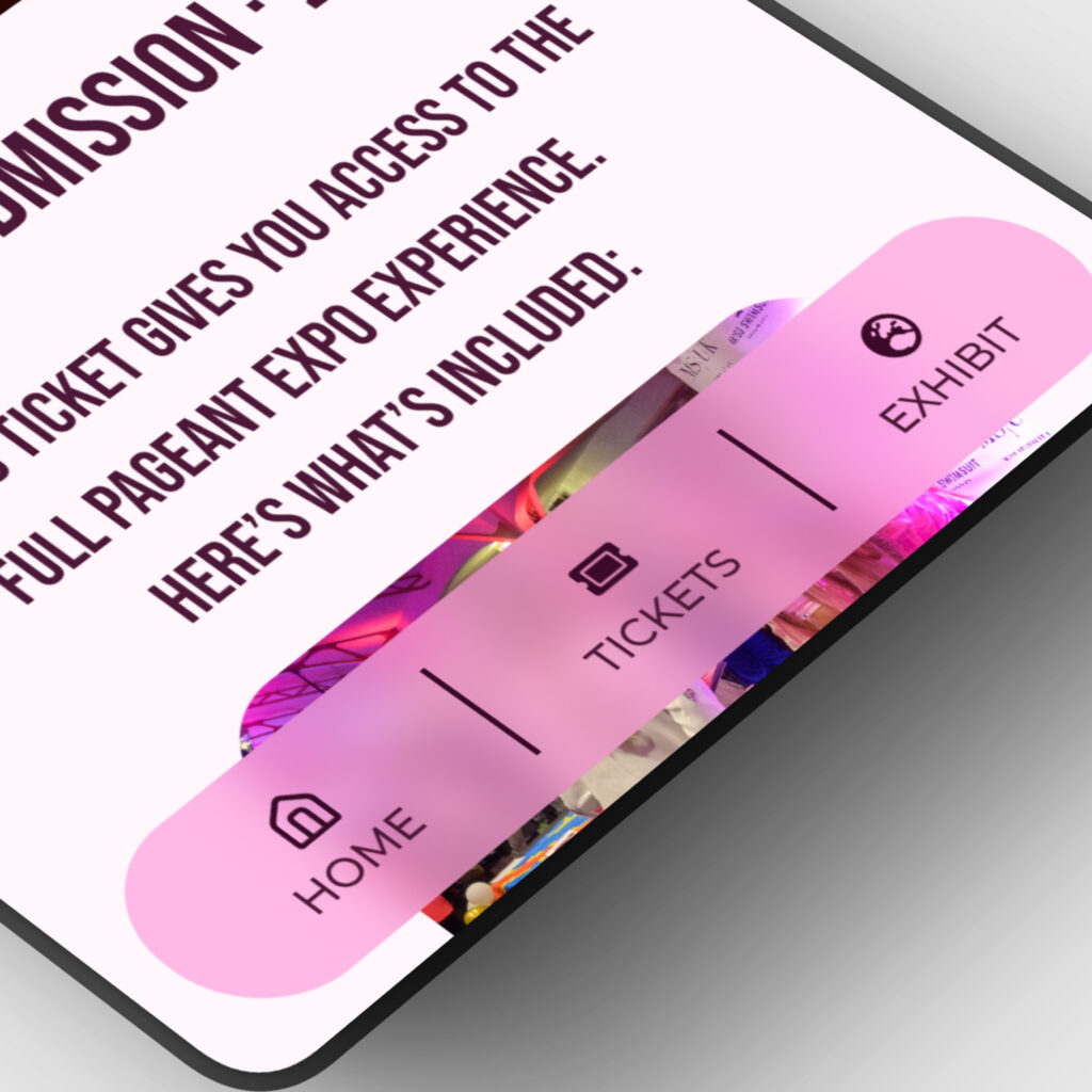 Close-up of The Pageant Expo mobile website with Home, Tickets and Exhibit navigation