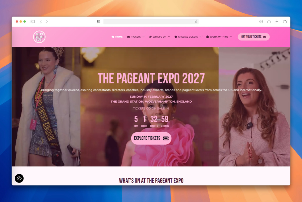 The Pageant Expo website homepage displayed in a browser window